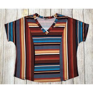 ENTRO BOUTIQUE Southwestern Stripe Shirt Size‎ Large Short Sleeve V Neck